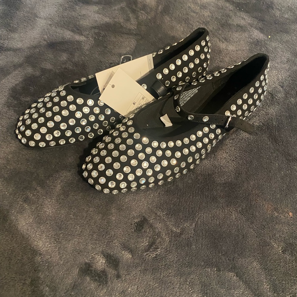 Black and Silver Ballet Flats with Strap